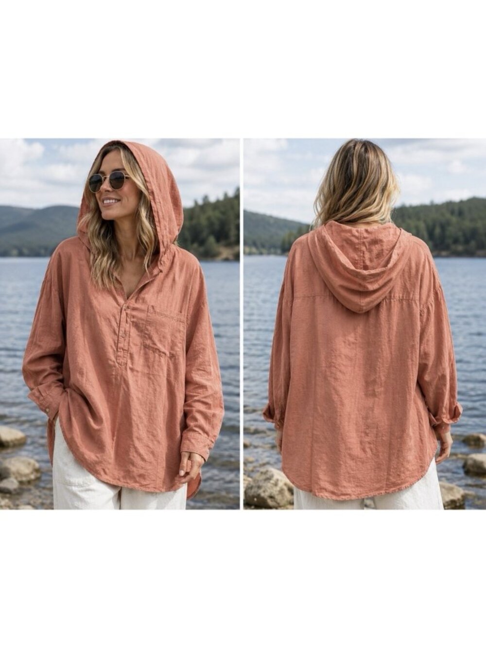 Vikolino Womens Top S/M Relaxed Hooded Euro Linen Coral Pockets Lagenlook New